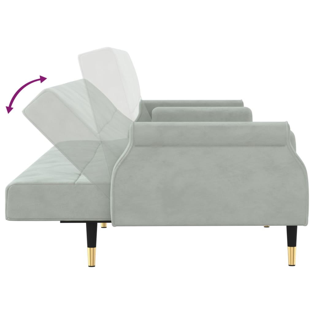 Canapea extensibilă cu cotiere, gri deschis, catifea