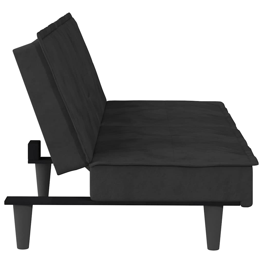 Canapea extensibilă cu suporturi de pahare, negru, catifea