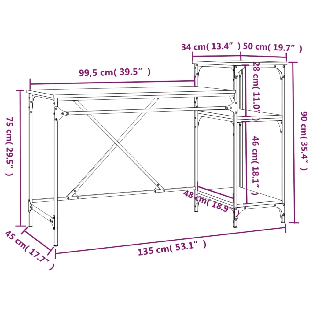 Birou cu rafturi stejar fumuriu 135x50x90 cm lemn compozit/fier