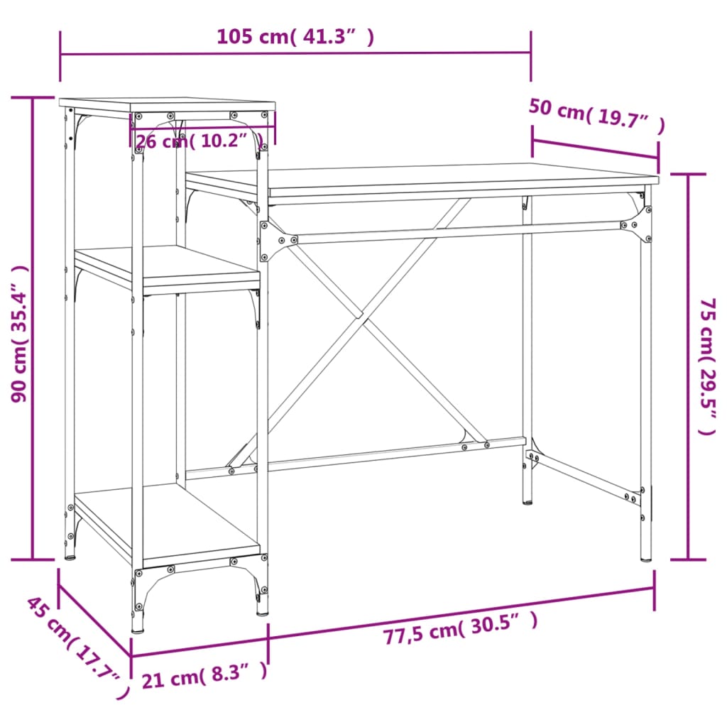 Birou cu rafturi, gri sonoma, 105x50x90 cm, lemn compozit/fier