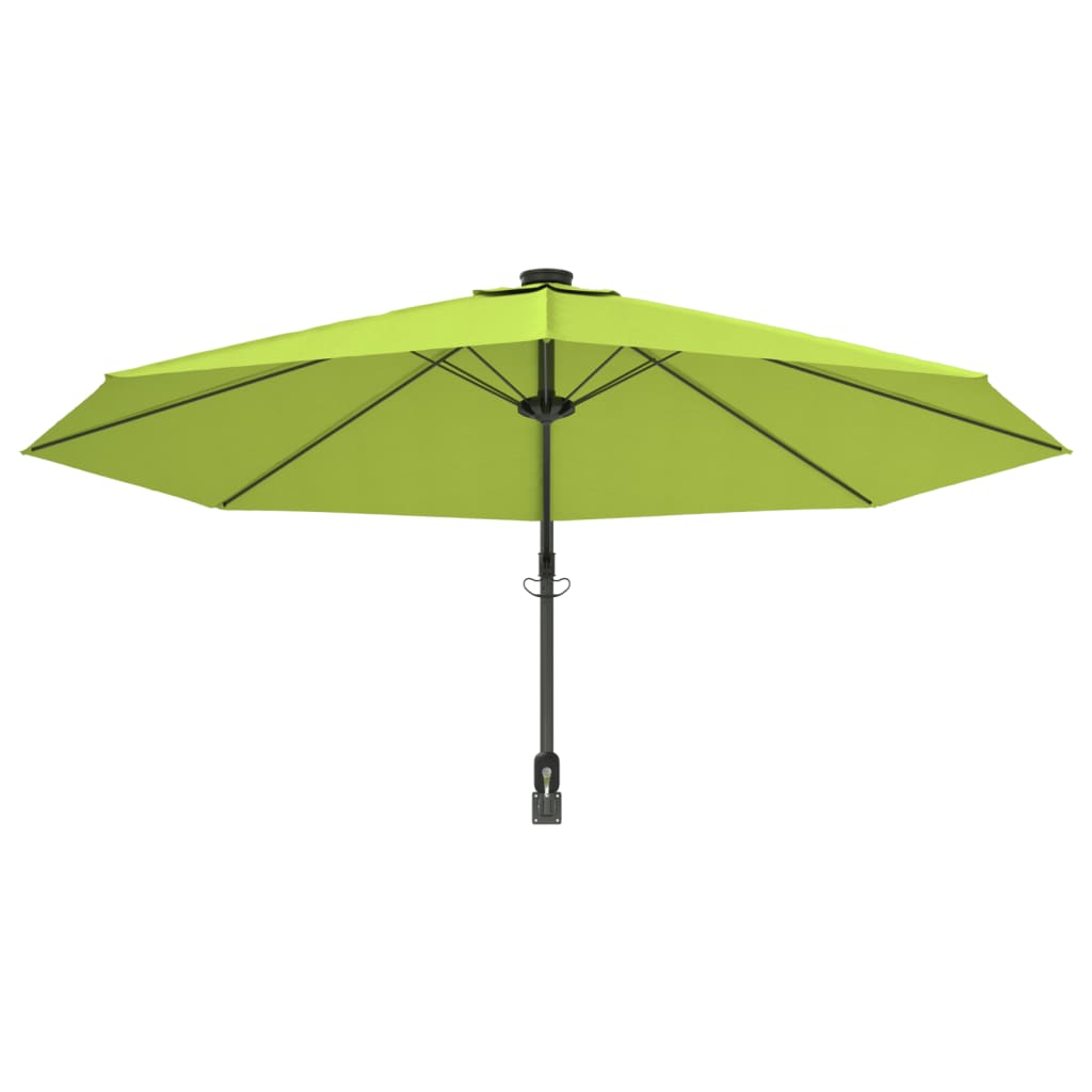 Umbrelă de soare montată pe perete cu LED-uri verde măr, 290 cm