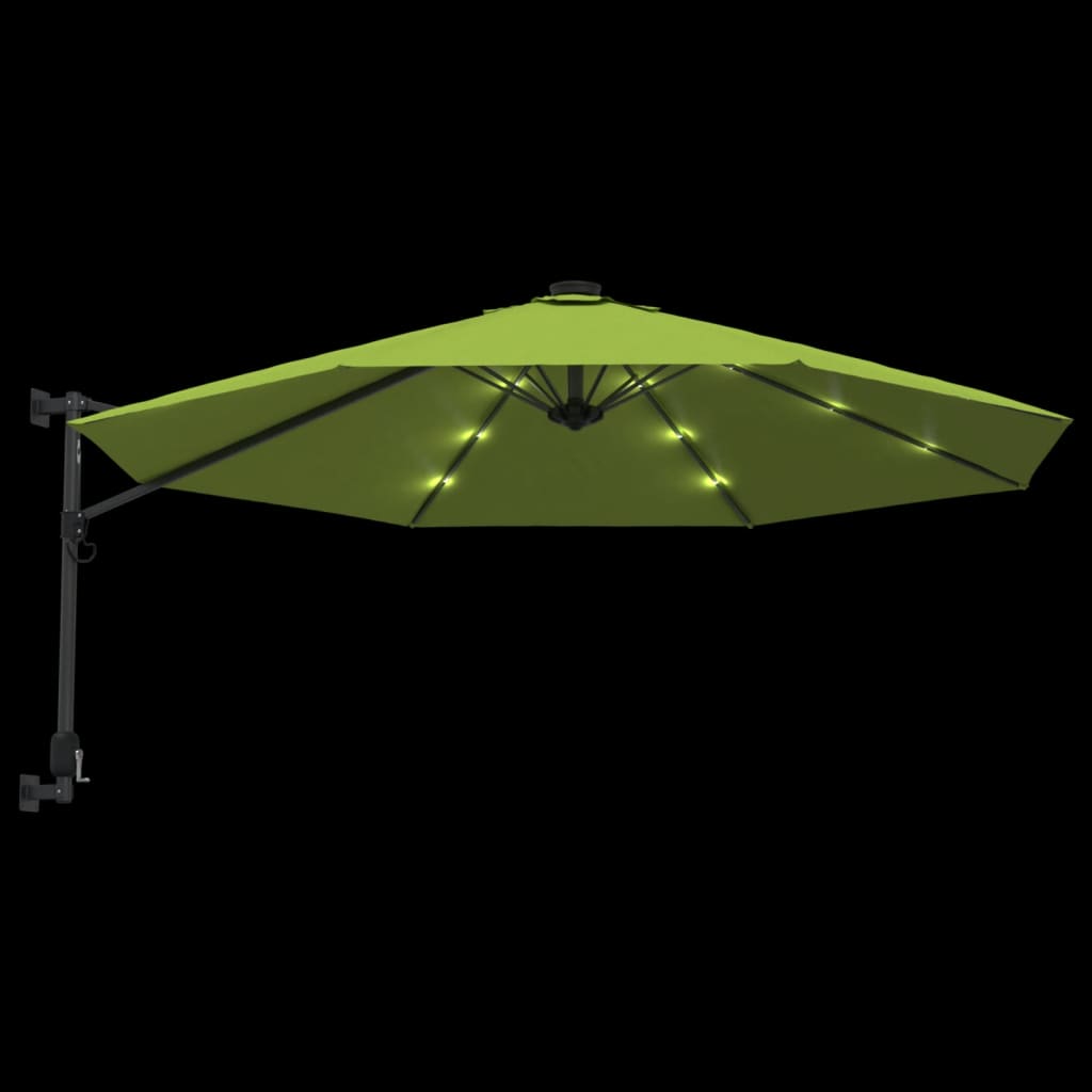 Umbrelă de soare montată pe perete cu LED-uri verde măr, 290 cm