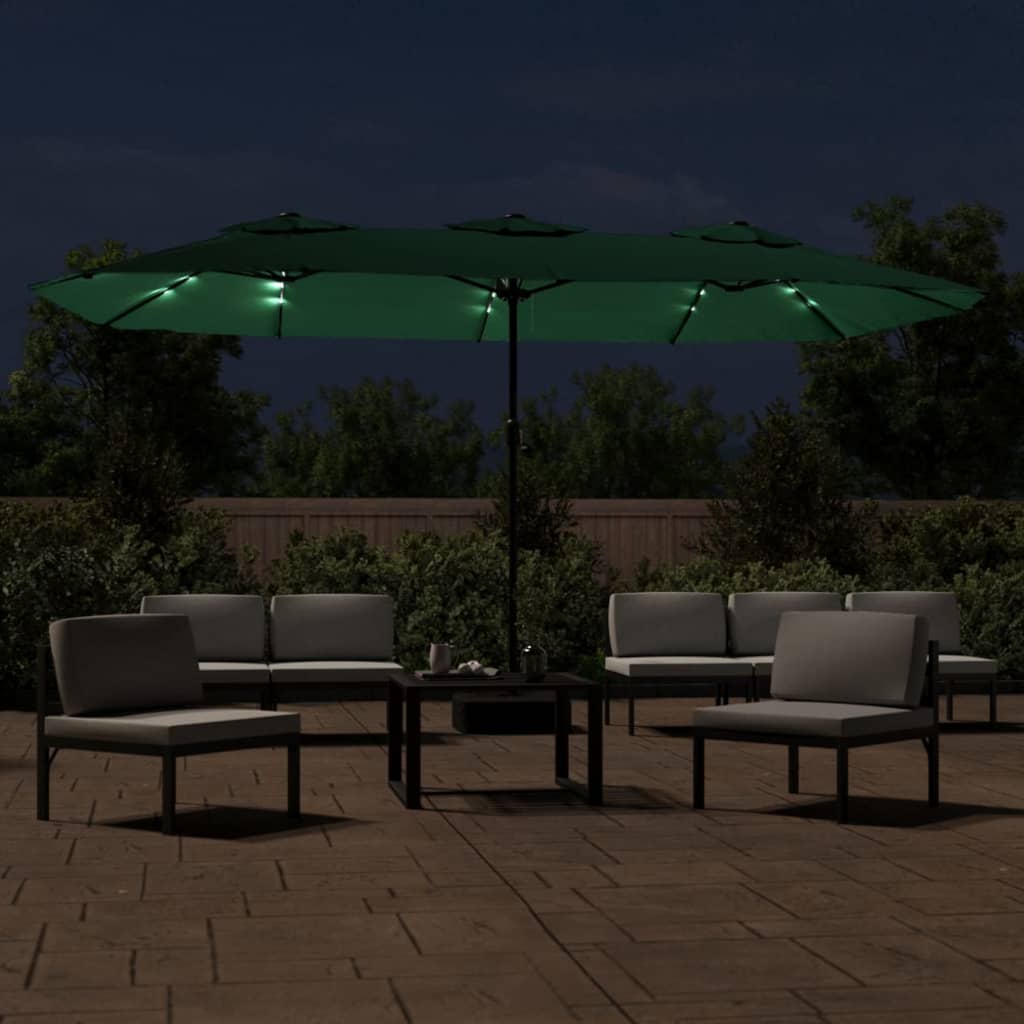 Umbrelă de grădină cu două capete cu LED-uri, verde, 449x245 cm