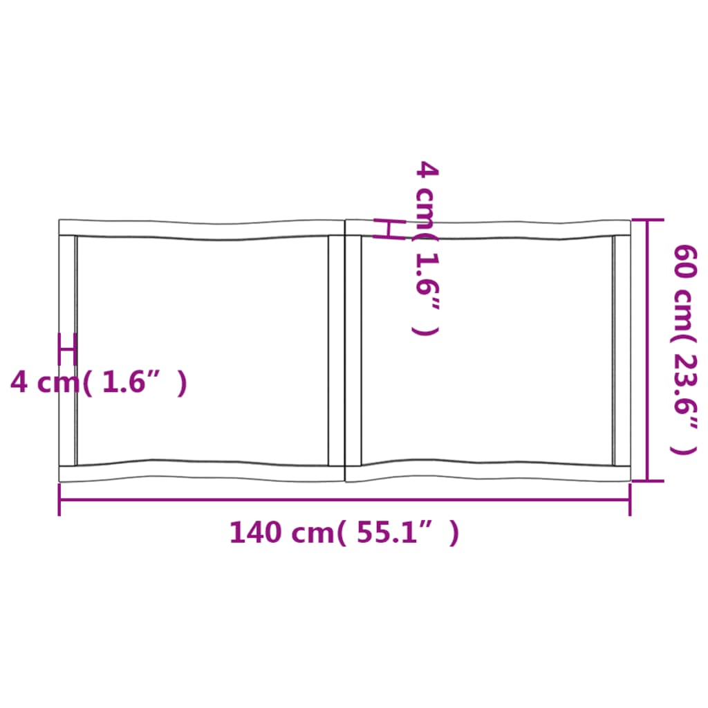 Blat masă, 140x60x(2-4) cm, maro, lemn tratat contur organic