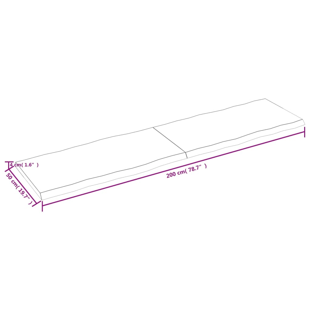 Blat masă, 200x50x(2-4) cm, maro, lemn tratat contur organic