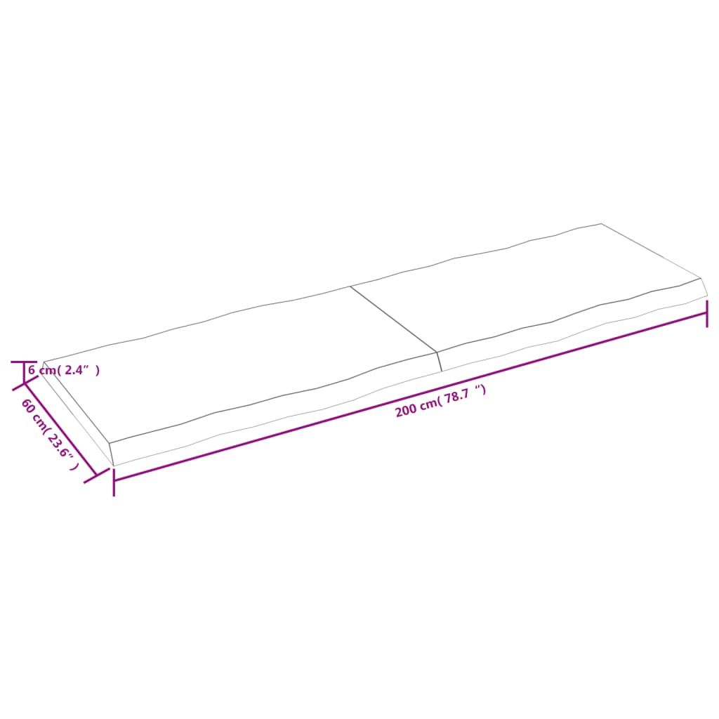 Blat masă, 200x60x(2-6) cm, maro, lemn tratat contur organic