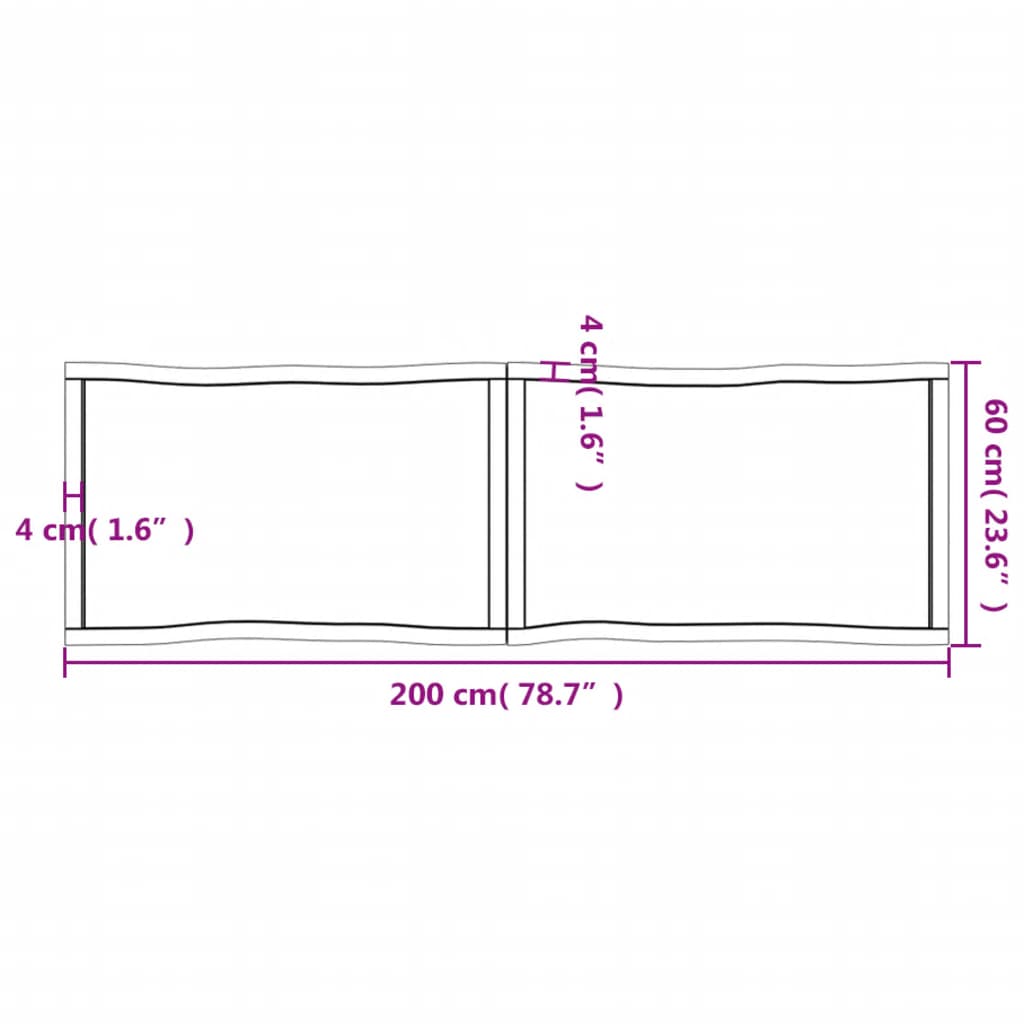 Blat masă, 200x60x(2-6) cm, maro, lemn tratat contur organic
