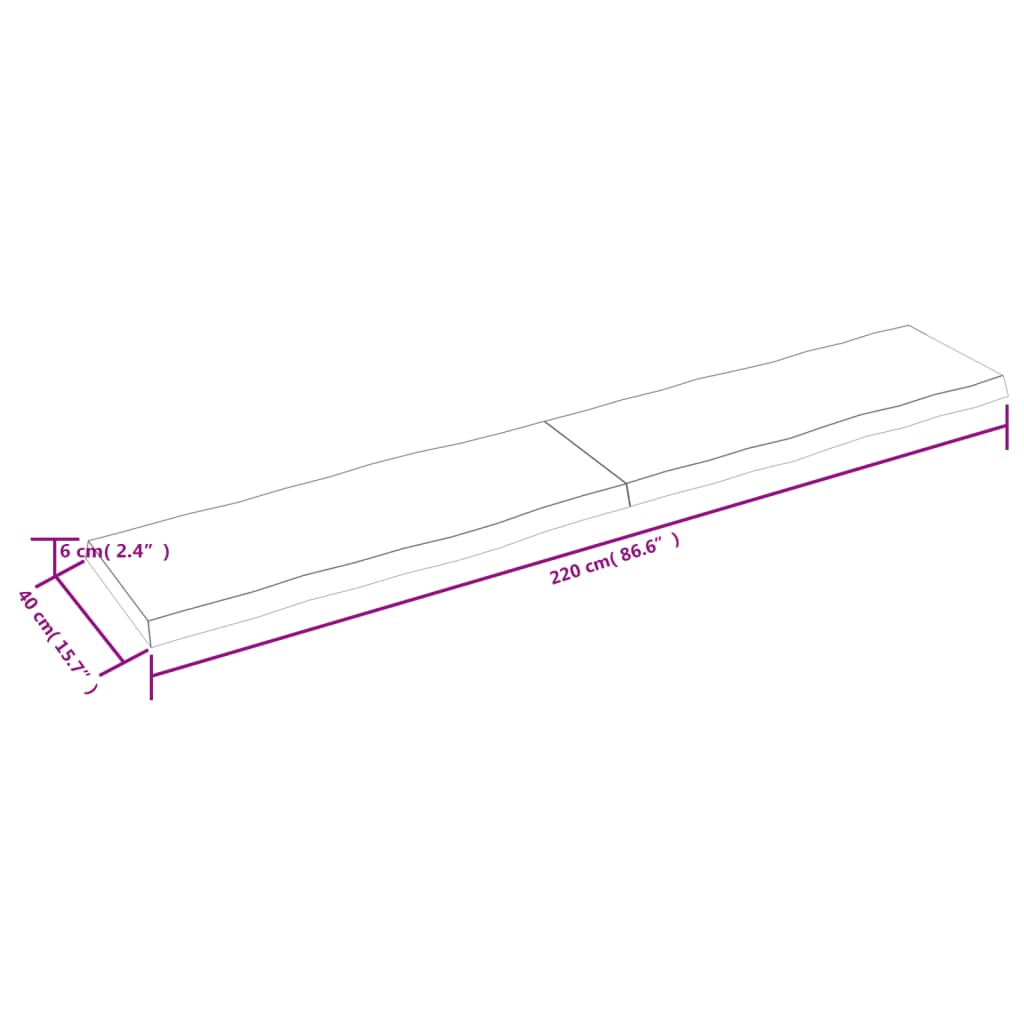 Blat masă, 220x40x(2-6) cm, maro, lemn tratat contur organic