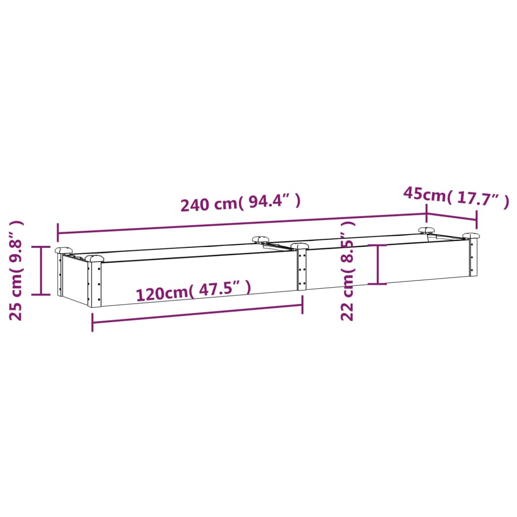 Strat grădină înălțat cu căptușeală maro 240x45x25 cm lemn brad