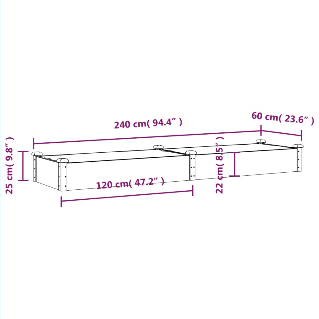 Strat grădină înălțat cu căptușeală maro 240x60x25 cm lemn brad