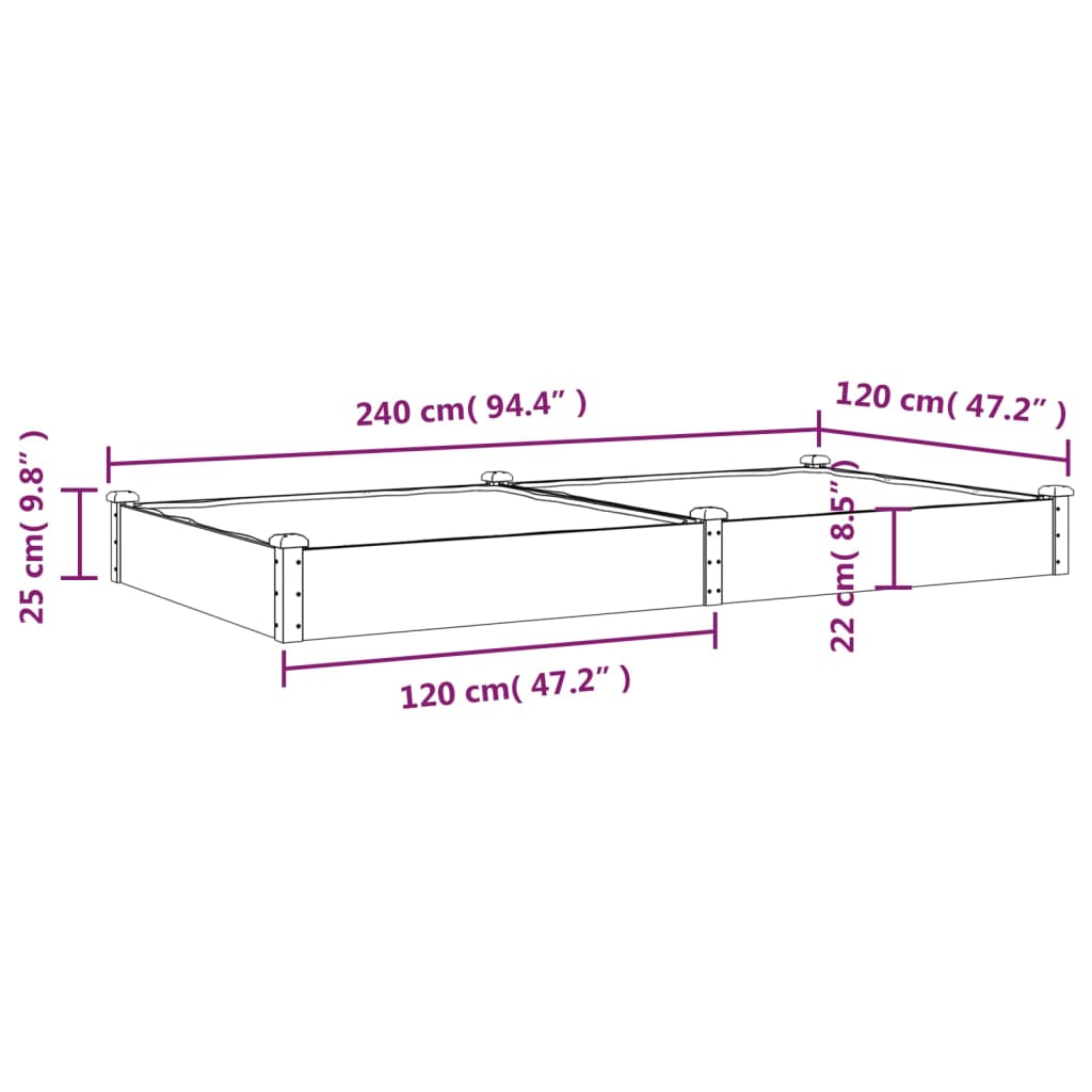 Strat de grădină înălțat cu căptușeală, 240x120x25 cm lemn brad