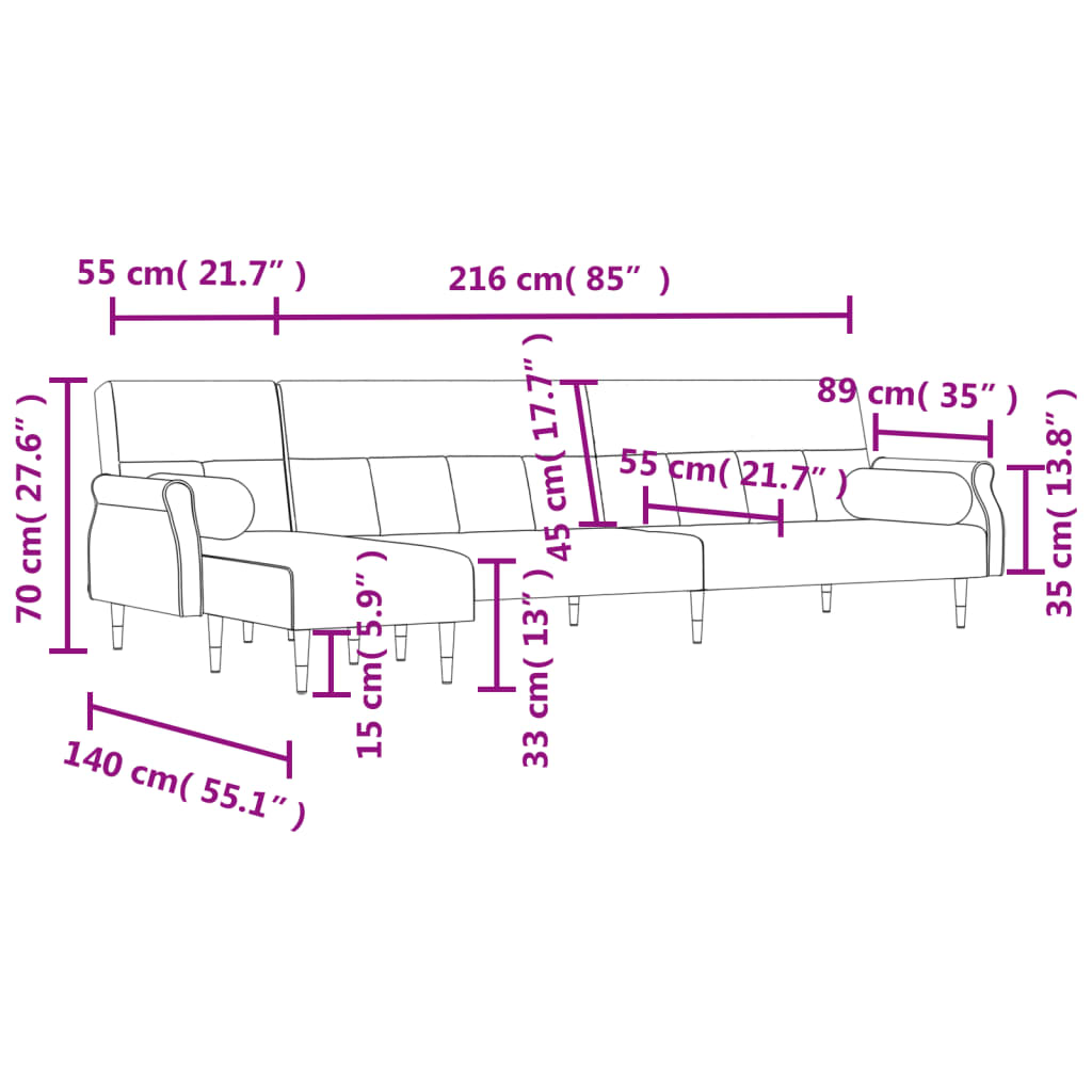 Canapea extensibilă în formă de L gri 271x140x70 cm catifea