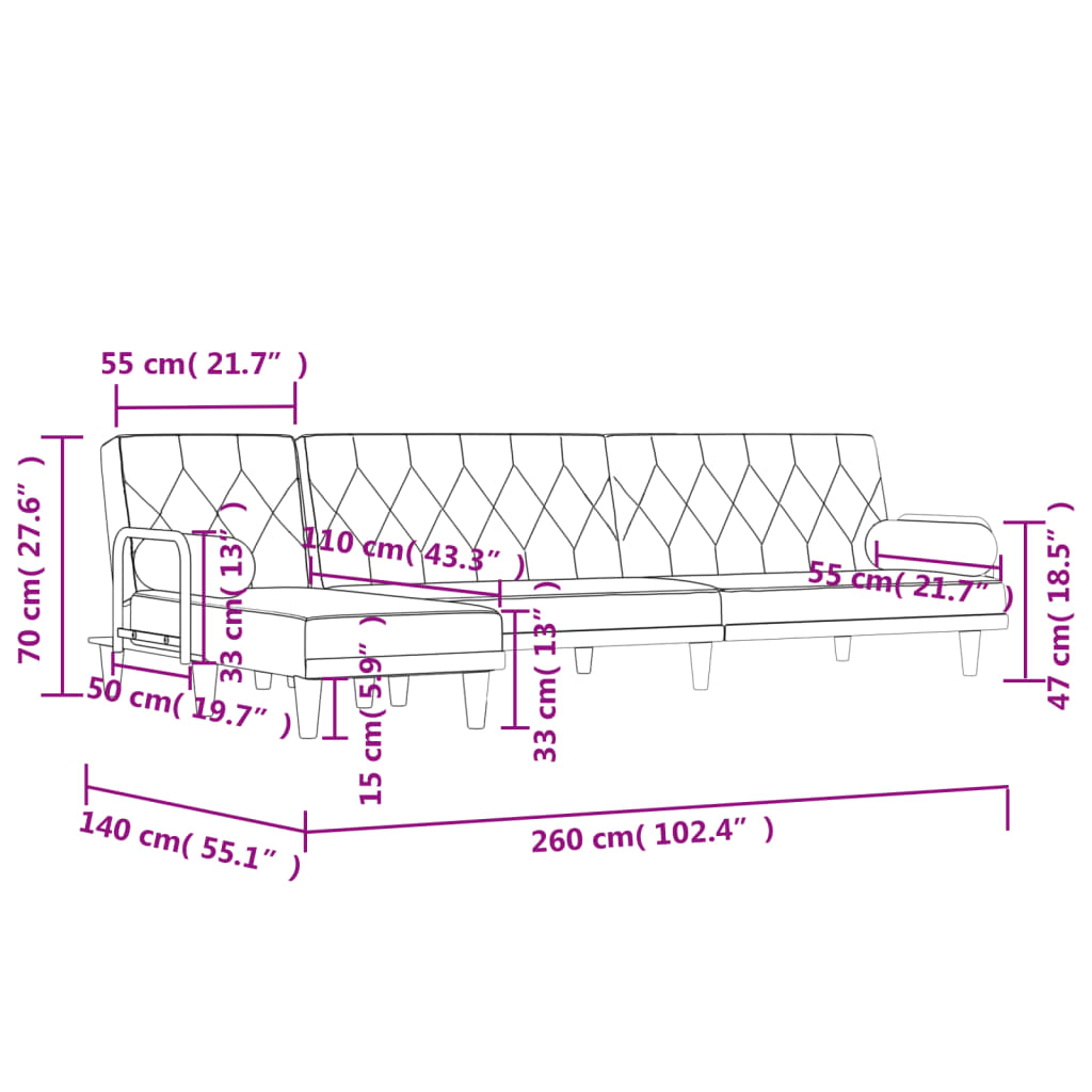 Canapea extensibilă în formă de L gri închis 260x140x70 cm