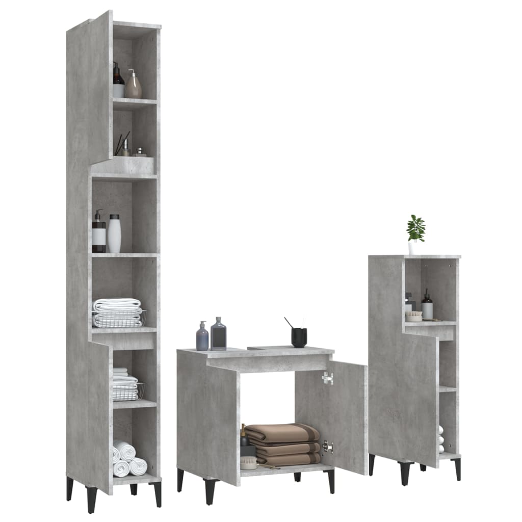 Set mobilier de baie, 3 piese, gri beton, lemn compozit