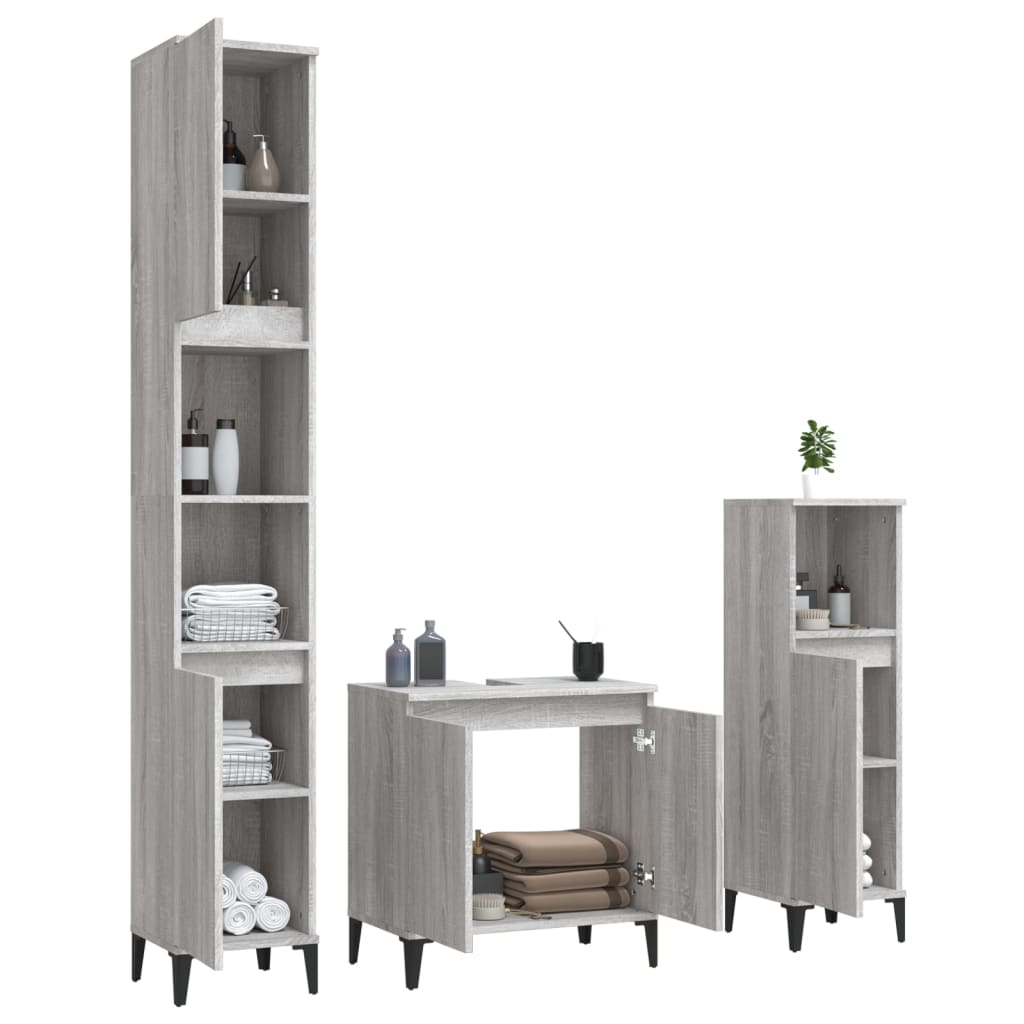 Set mobilier de baie, 3 piese, gri sonoma, lemn prelucrat