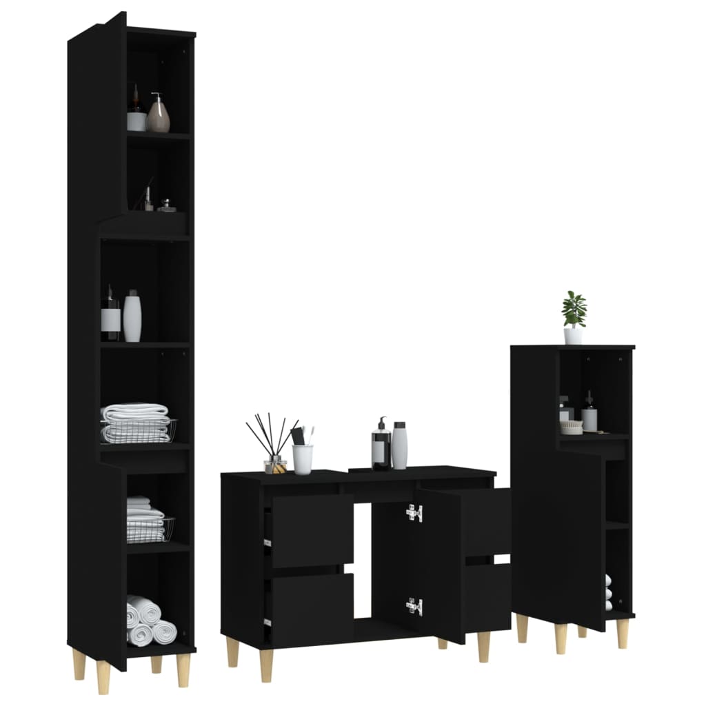 Set mobilier de baie, 3 piese, negru, lemn compozit