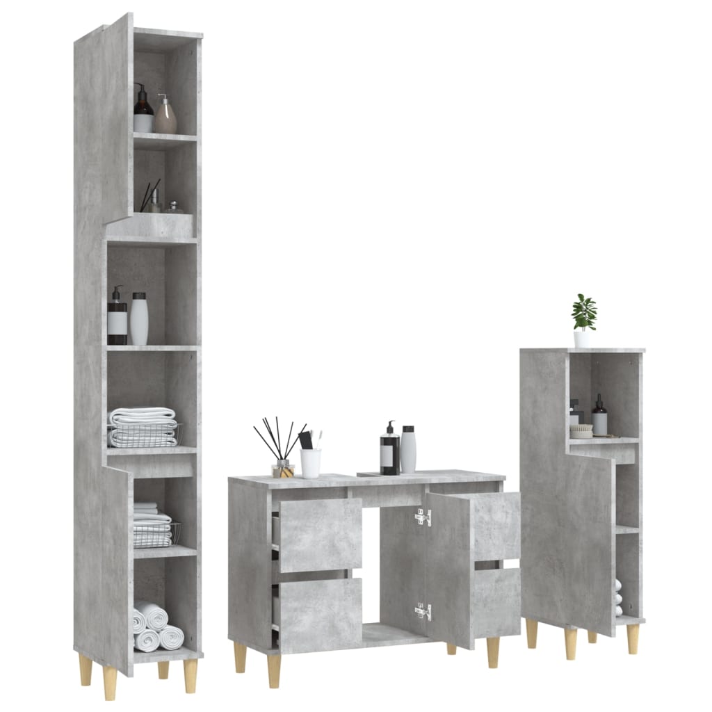 Set mobilier de baie, 3 piese, gri beton, lemn compozit