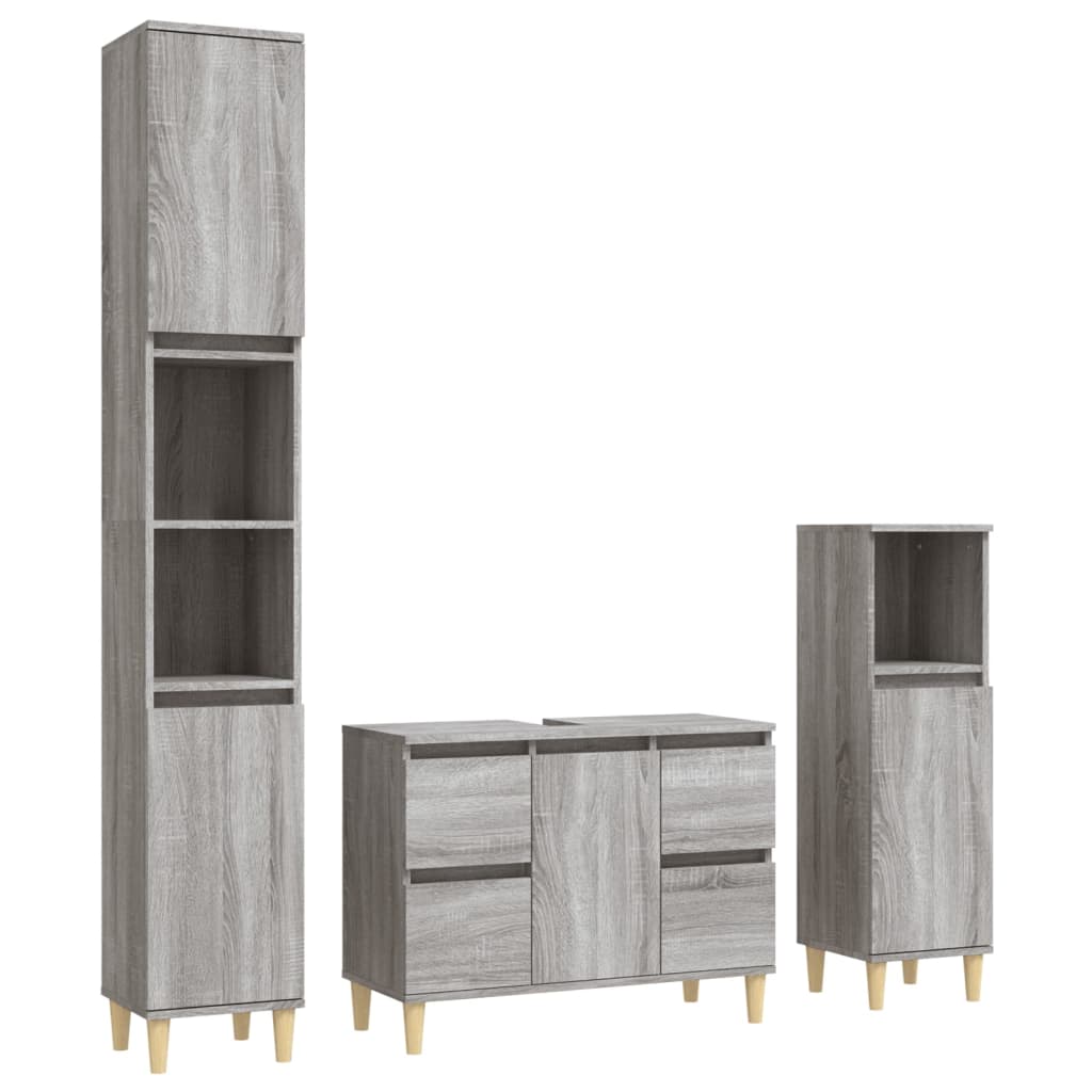 Set mobilier de baie, 3 piese, gri sonoma, lemn prelucrat