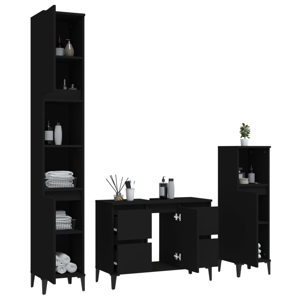 Set mobilier de baie, 3 piese, negru, lemn compozit