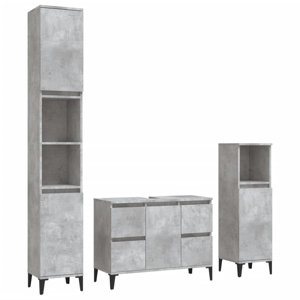 Set mobilier de baie, 3 piese, gri beton, lemn compozit