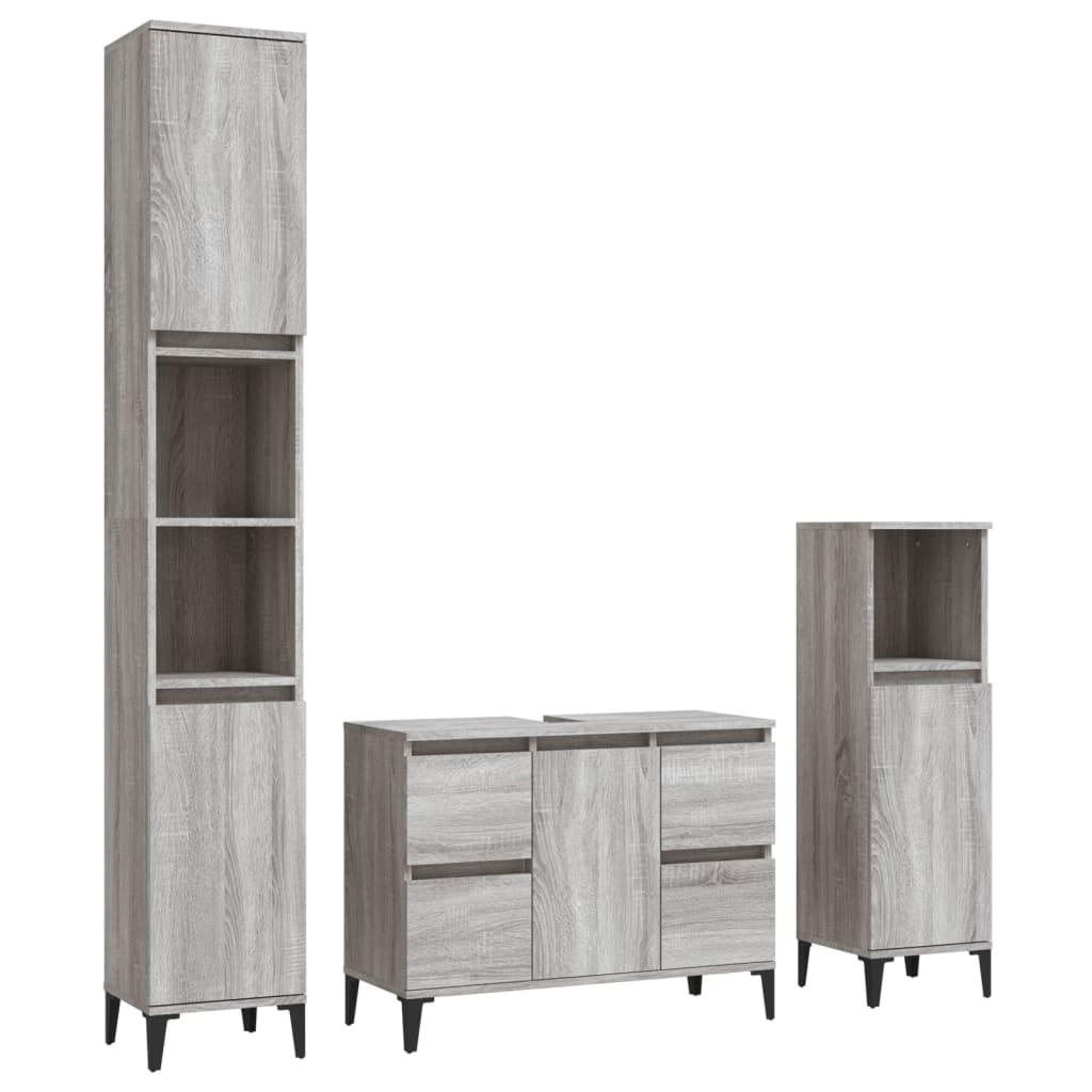 Set mobilier de baie, 3 piese, gri sonoma, lemn prelucrat