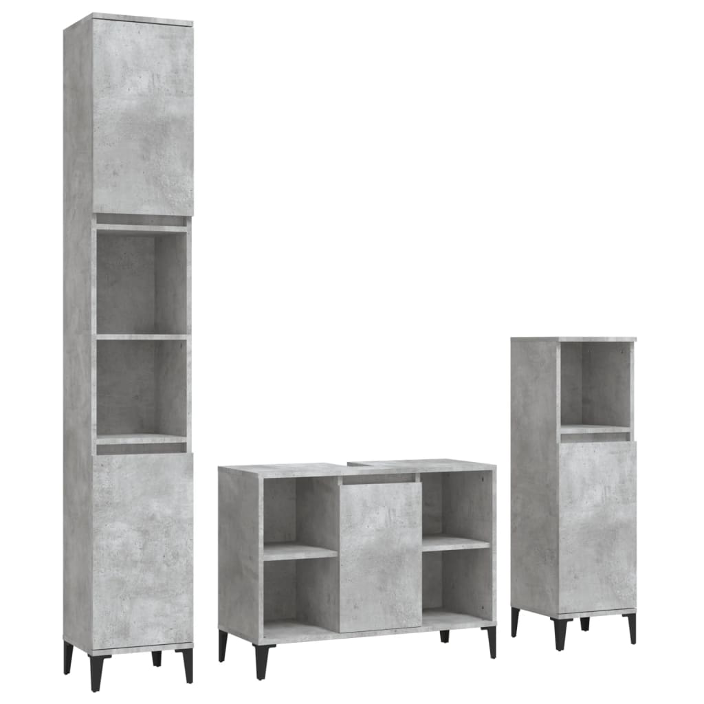 Set mobilier de baie, 3 piese, gri beton, lemn compozit