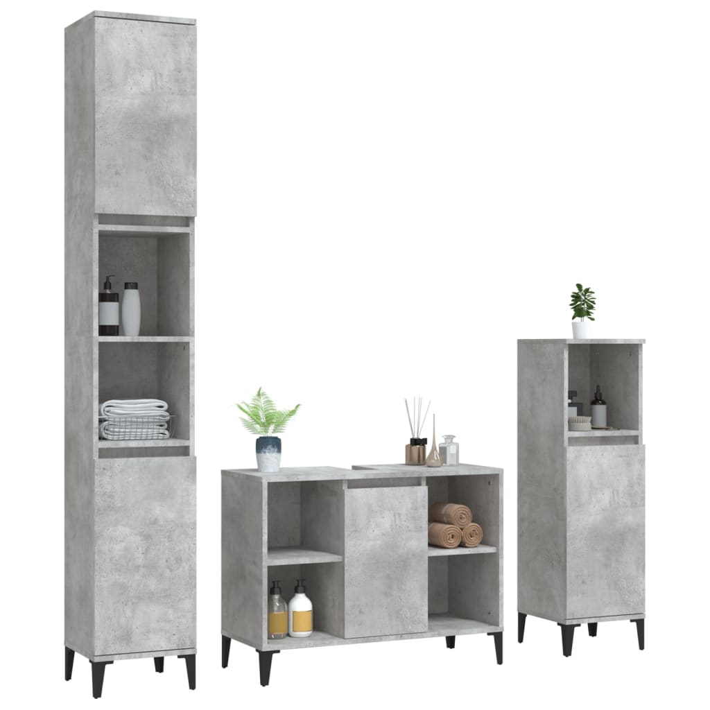 Set mobilier de baie, 3 piese, gri beton, lemn compozit