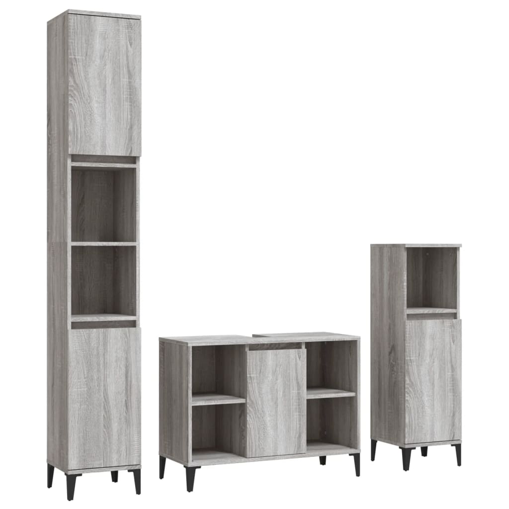 Set mobilier de baie, 3 piese, gri sonoma, lemn prelucrat