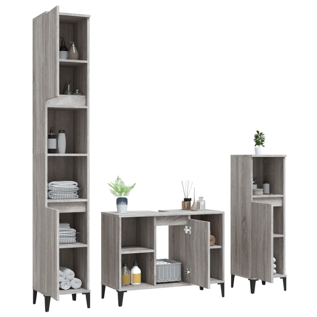 Set mobilier de baie, 3 piese, gri sonoma, lemn prelucrat