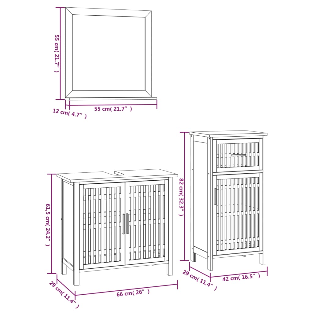 Set mobilier de baie, 3 piese, lemn masiv de nuc