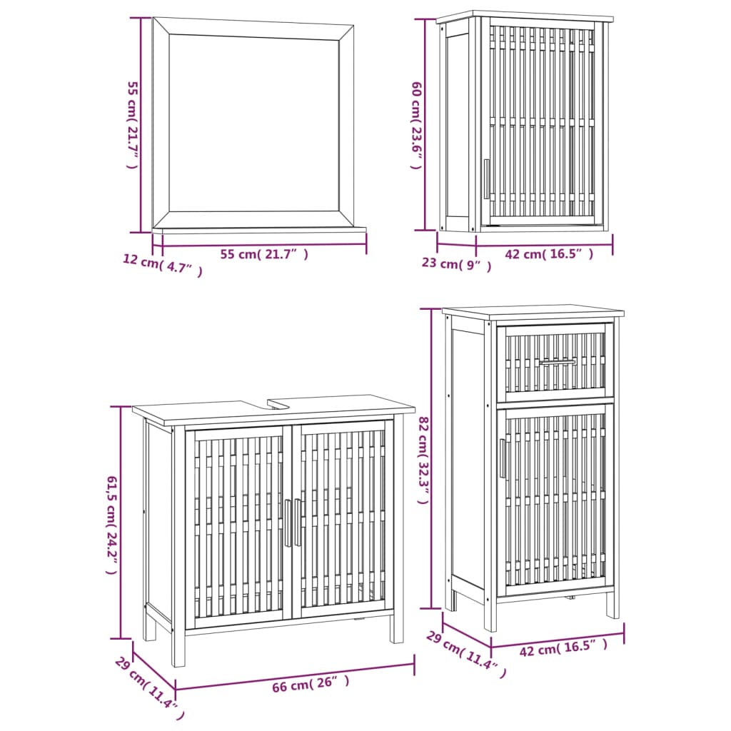 Set mobilier de baie, 4 piese, lemn masiv de nuc