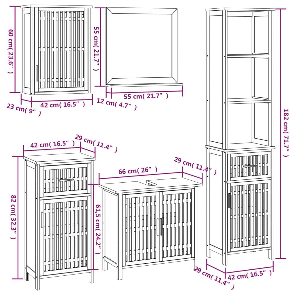 Set mobilier de baie, 5 piese, lemn masiv de nuc