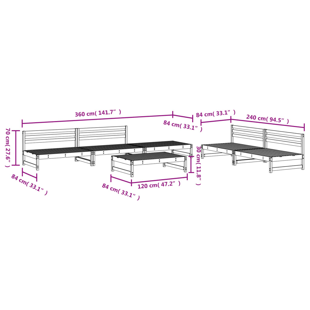 Set mobilier relexare grădină, 6 piese, negru, lemn masiv pin