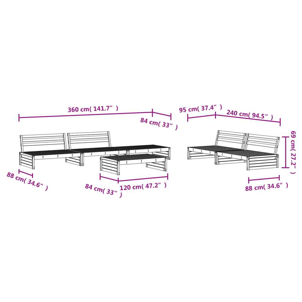 Set mobilier relexare grădină, 6 piese, negru, lemn masiv pin