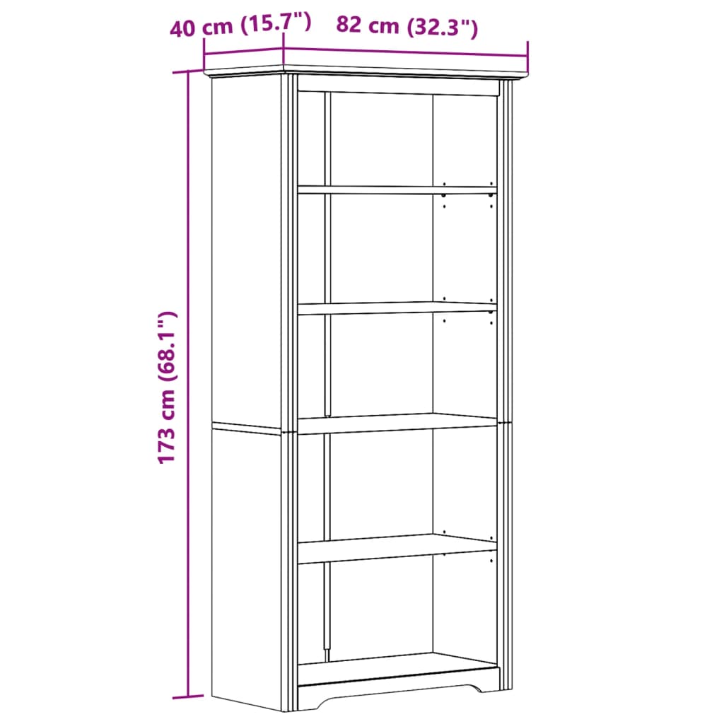 Bibliotecă BODO, alb, 82x40x173 cm, lemn masiv pin, 5 rafturi