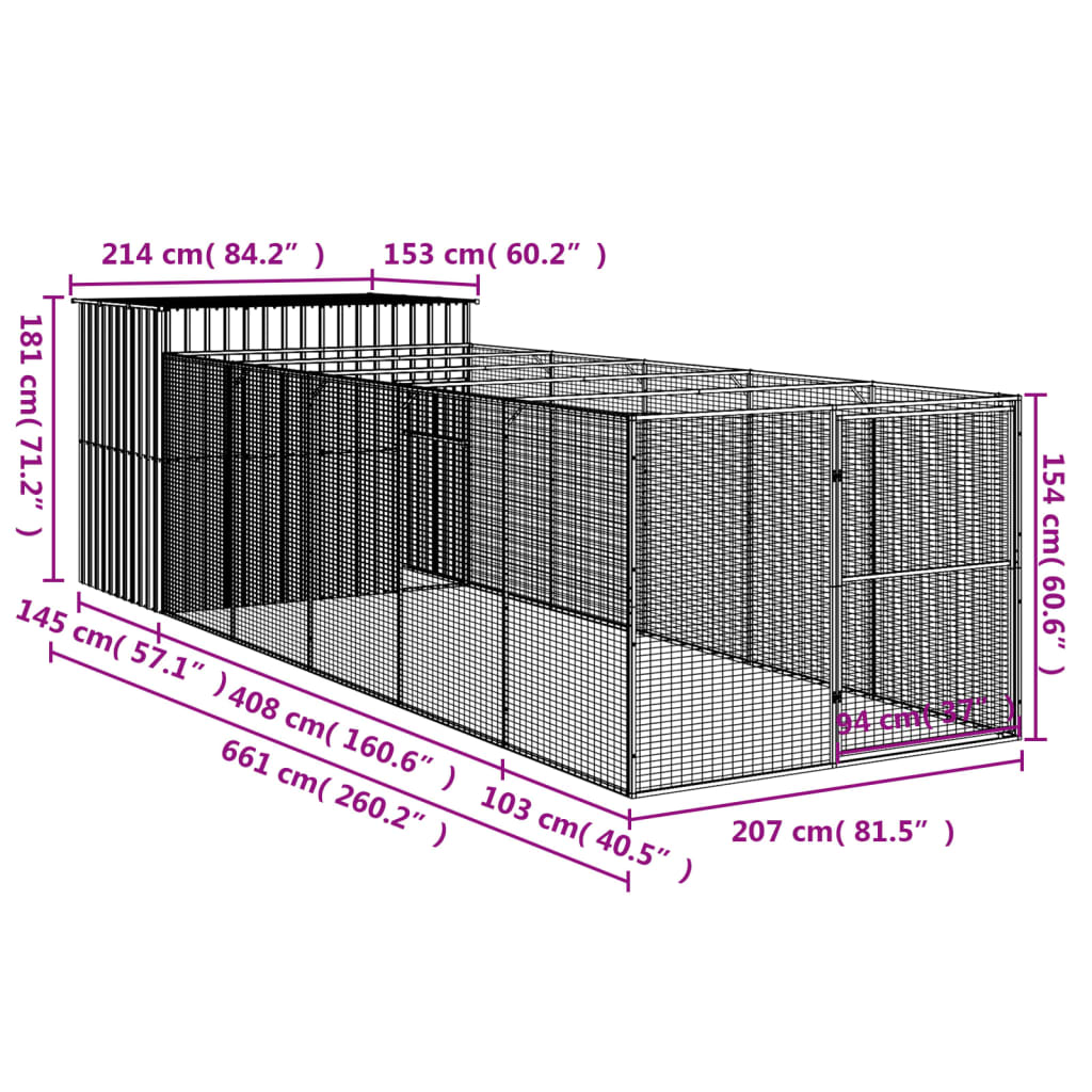 Cușcă de câine cu țarc antracit 214x661x181 cm oțel galvanizat