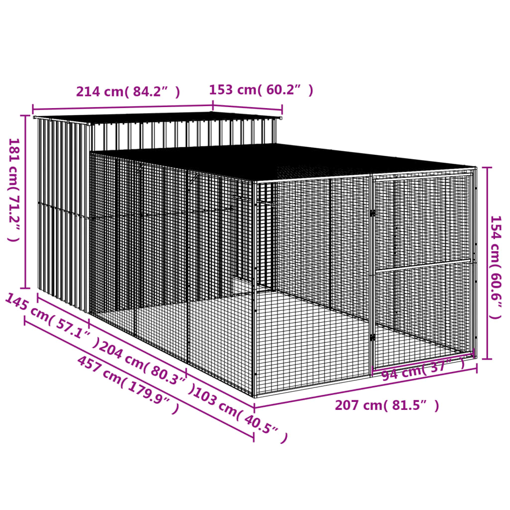 Cușcă de câine cu țarc antracit 214x457x181 cm oțel galvanizat