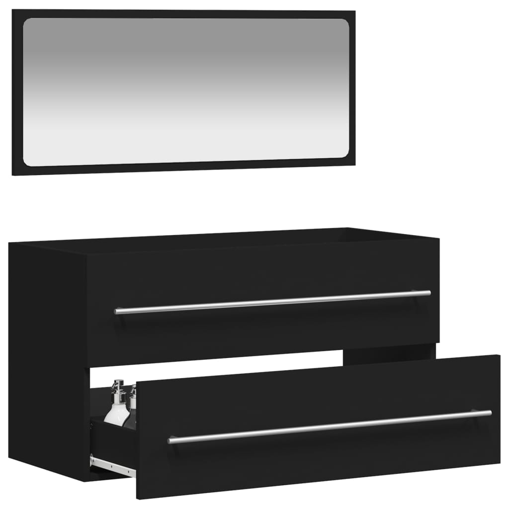 Bathroom cabinet with mirror, black, processed wood