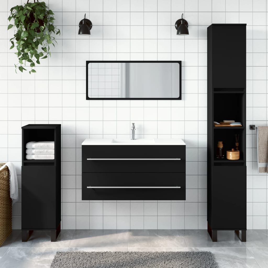 Bathroom cabinet with mirror, black, processed wood