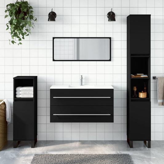 Bathroom cabinet with mirror, black, processed wood