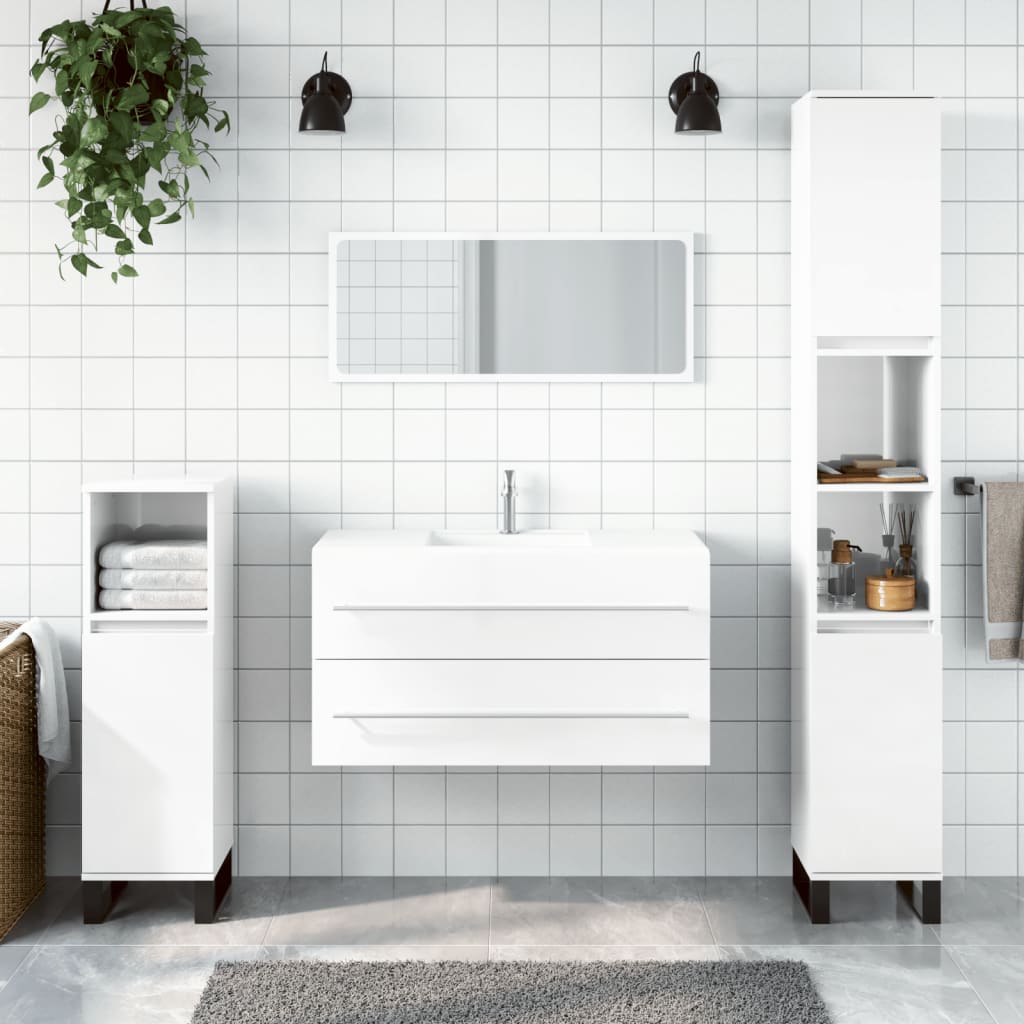 Bathroom cabinet with mirror, extra-glossy white, processed wood