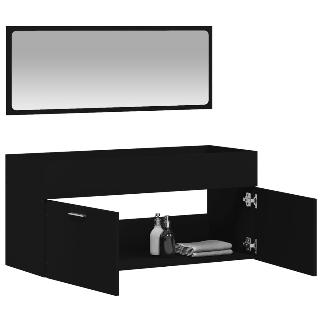 Bathroom cabinet with mirror, black, processed wood