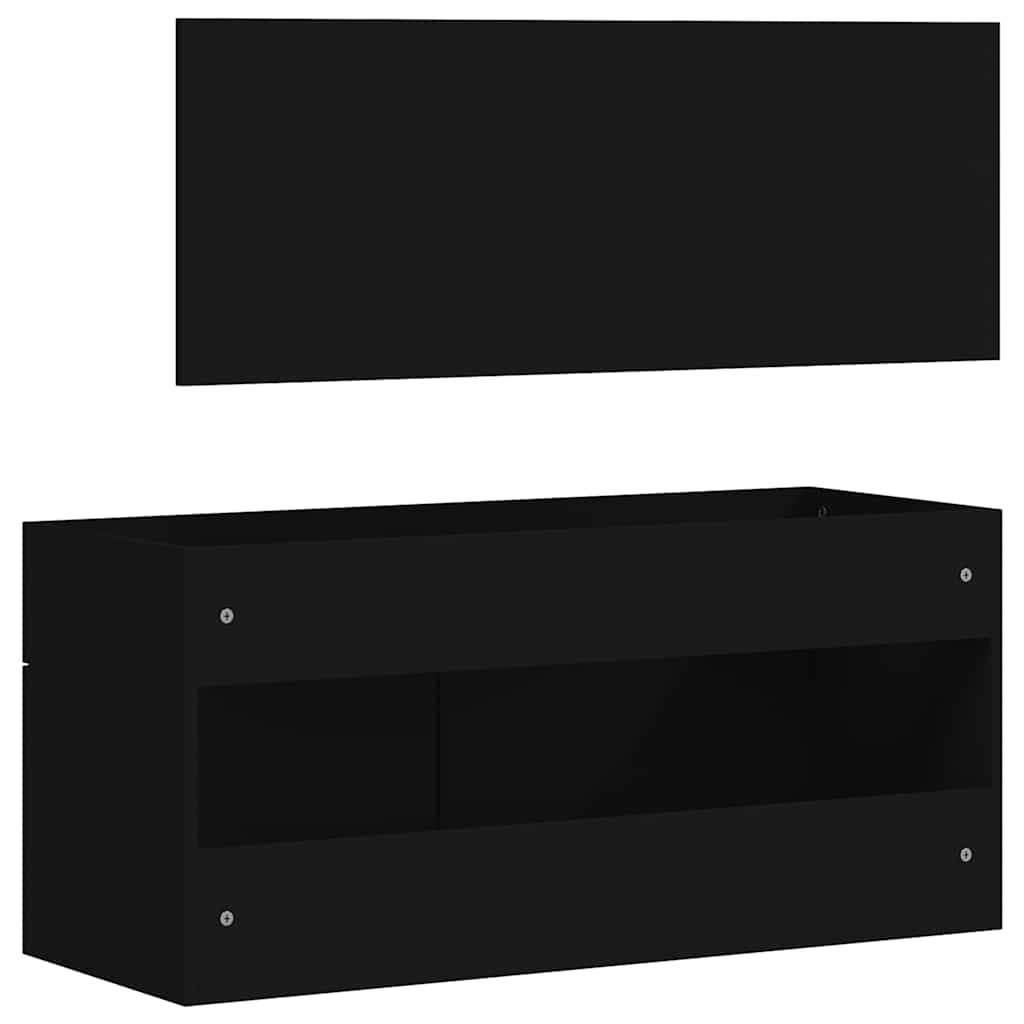 Bathroom cabinet with mirror, black, processed wood