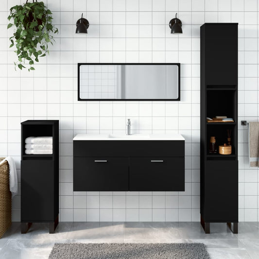Bathroom cabinet with mirror, black, processed wood