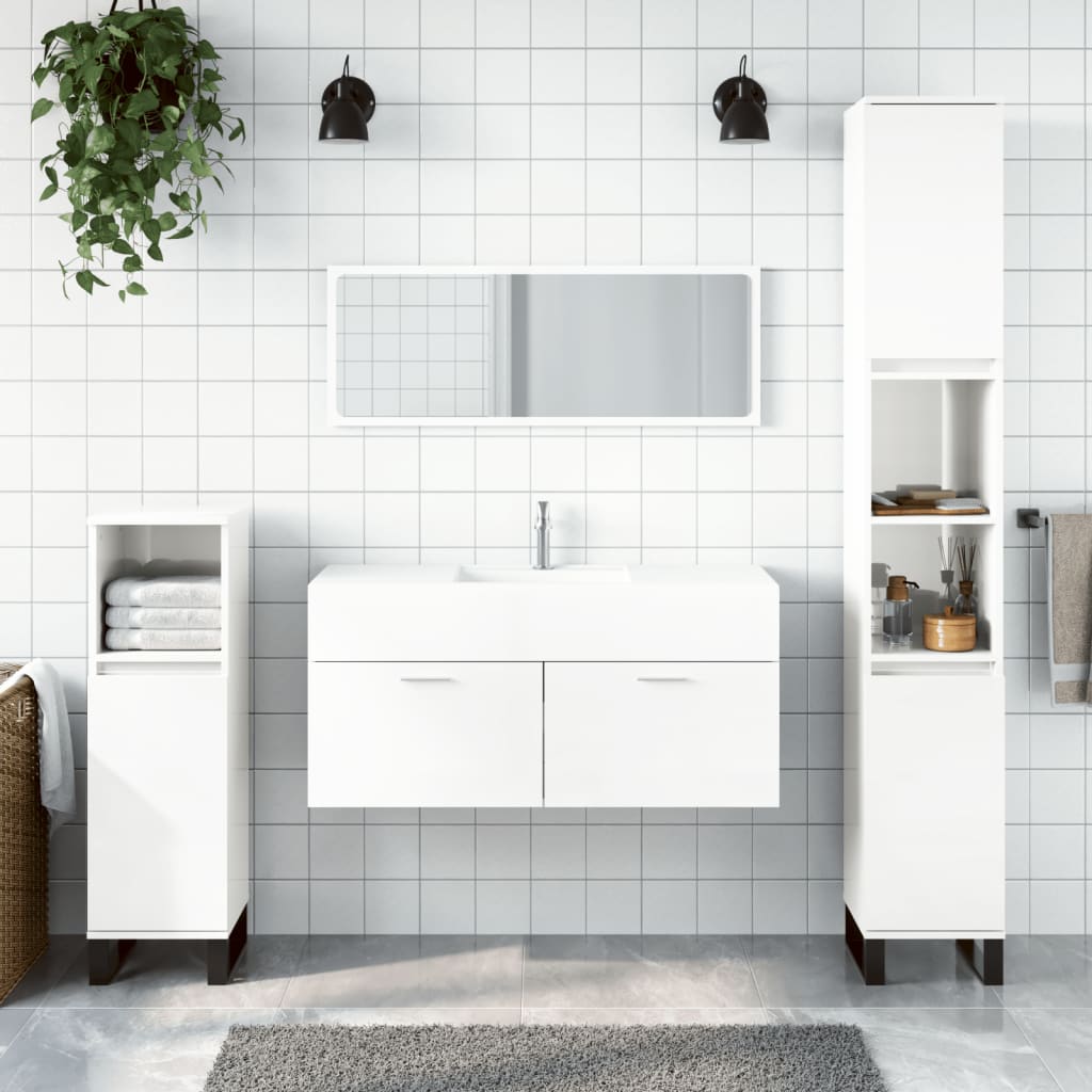 Bathroom cabinet with mirror, extra-glossy white, processed wood
