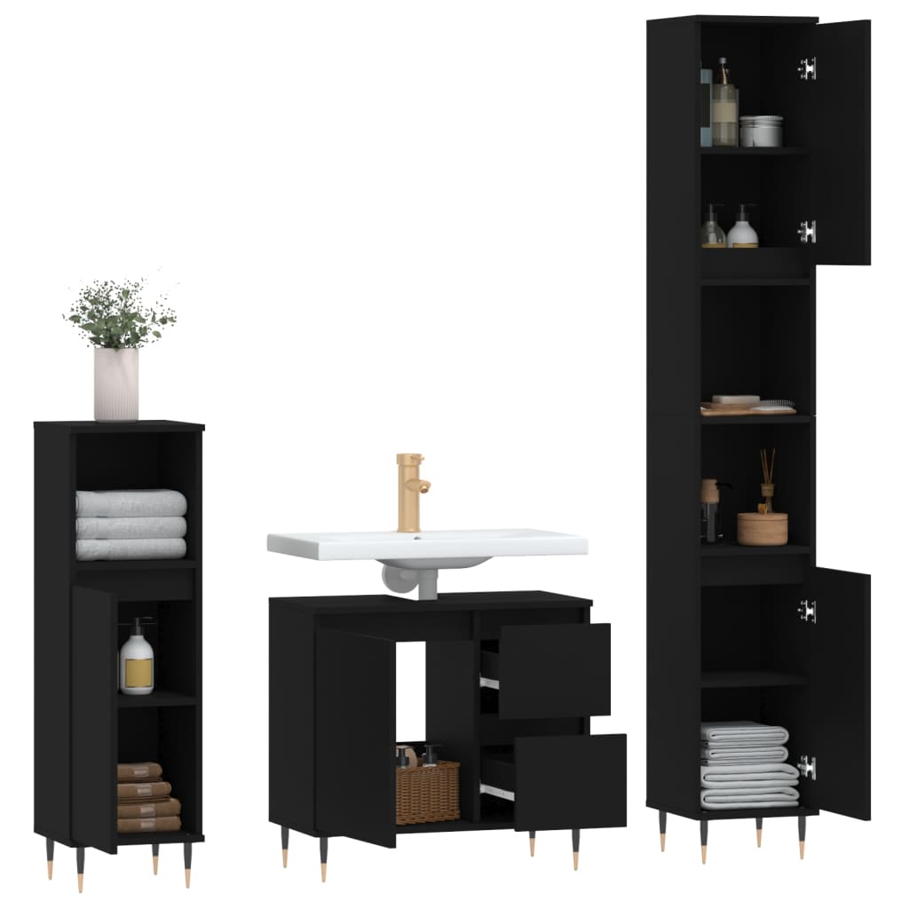 Set mobilier de baie, 3 piese, negru, lemn compozit