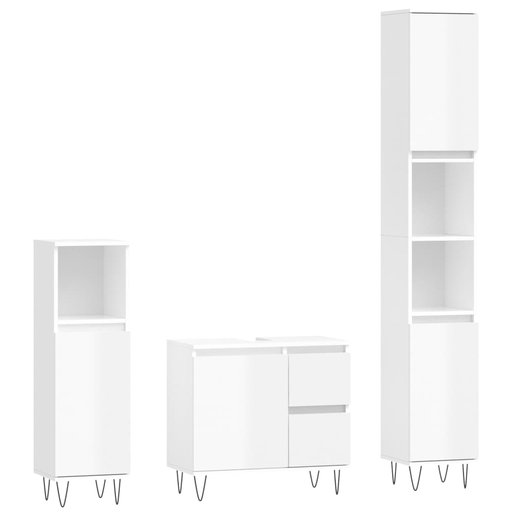 Set mobilier de baie, 3 piese, alb extralucios, lemn compozit