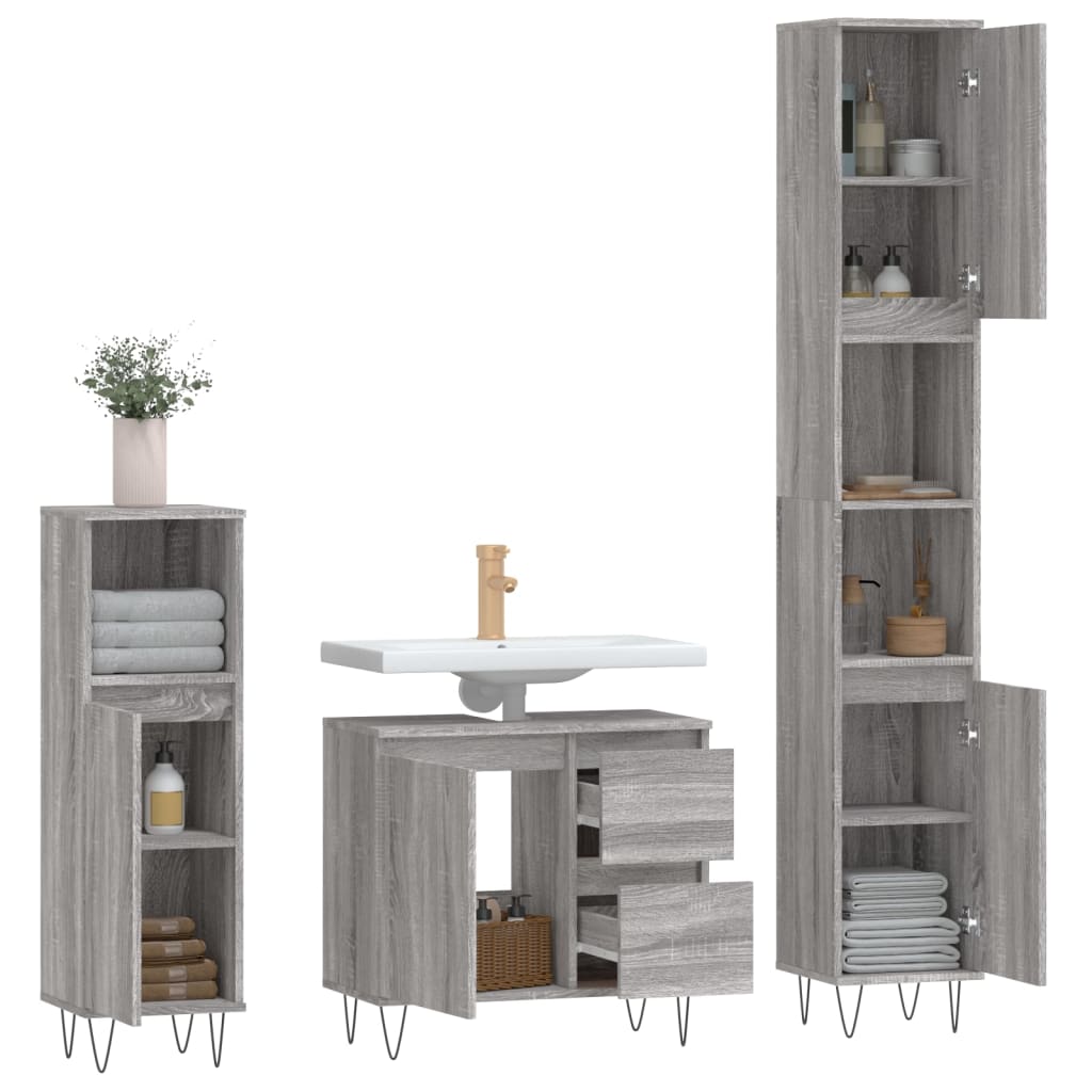 Set mobilier de baie, 3 piese, gri sonoma, lemn prelucrat