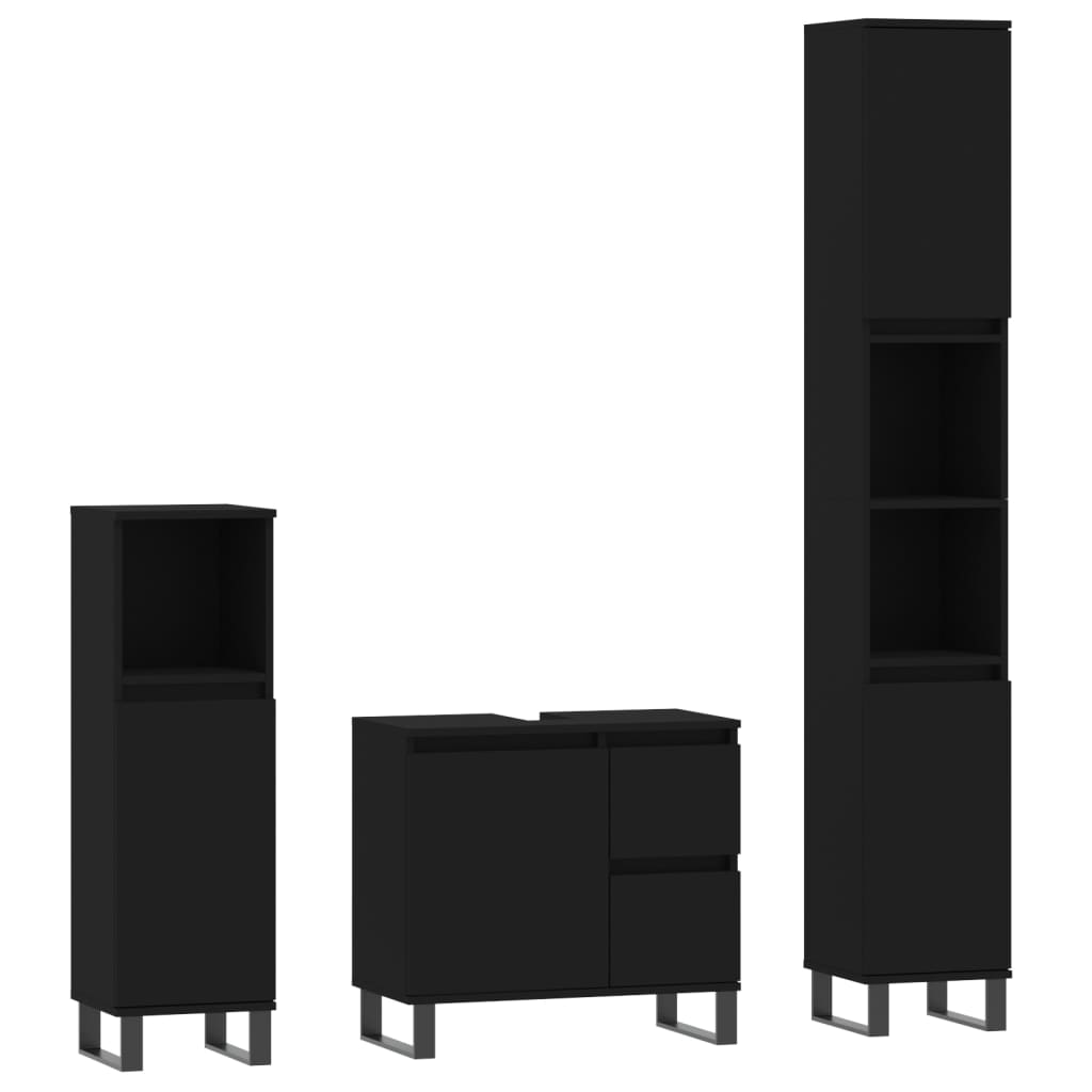 Set mobilier de baie, 3 piese, negru, lemn compozit