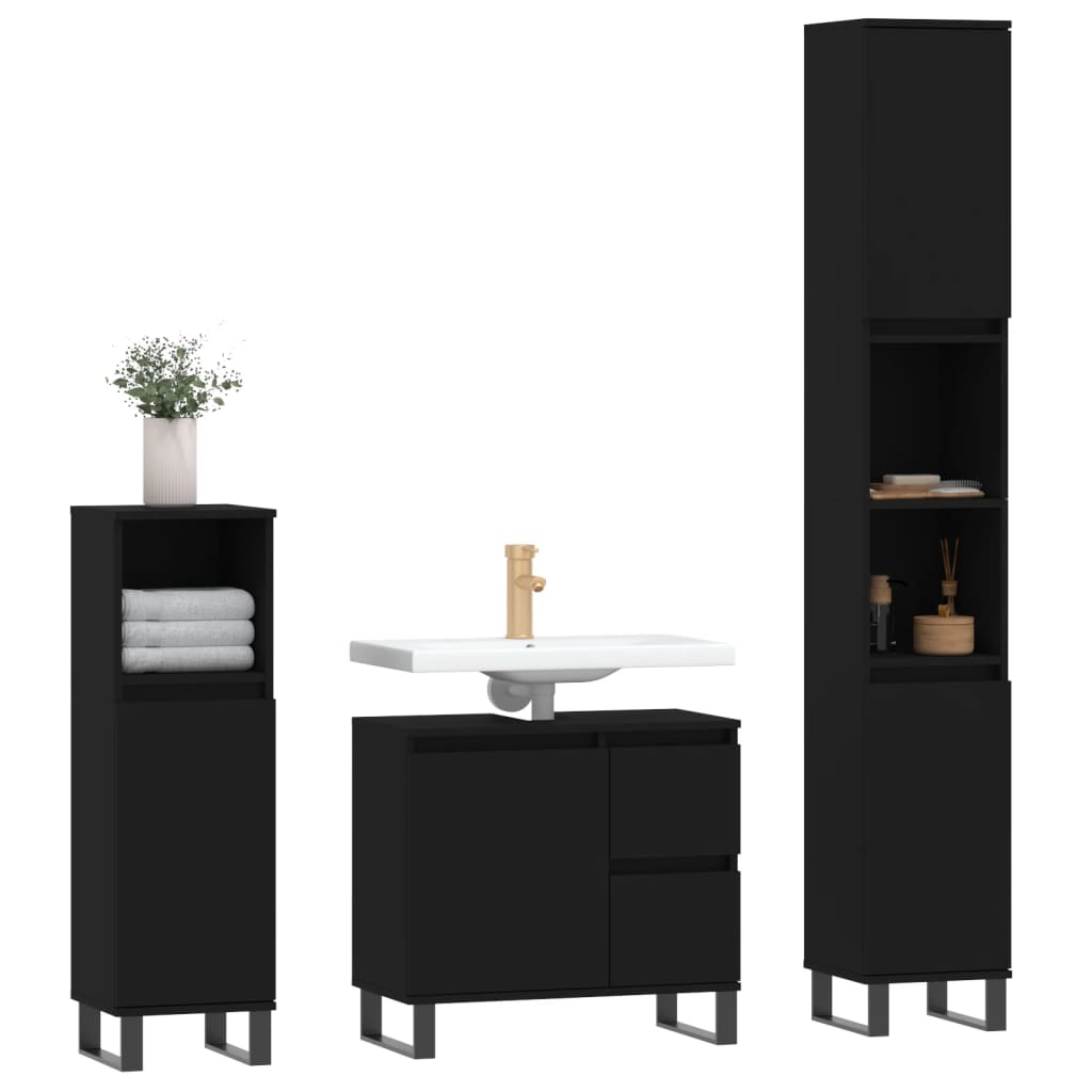 Set mobilier de baie, 3 piese, negru, lemn compozit